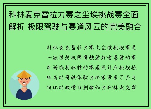 科林麦克雷拉力赛之尘埃挑战赛全面解析 极限驾驶与赛道风云的完美融合